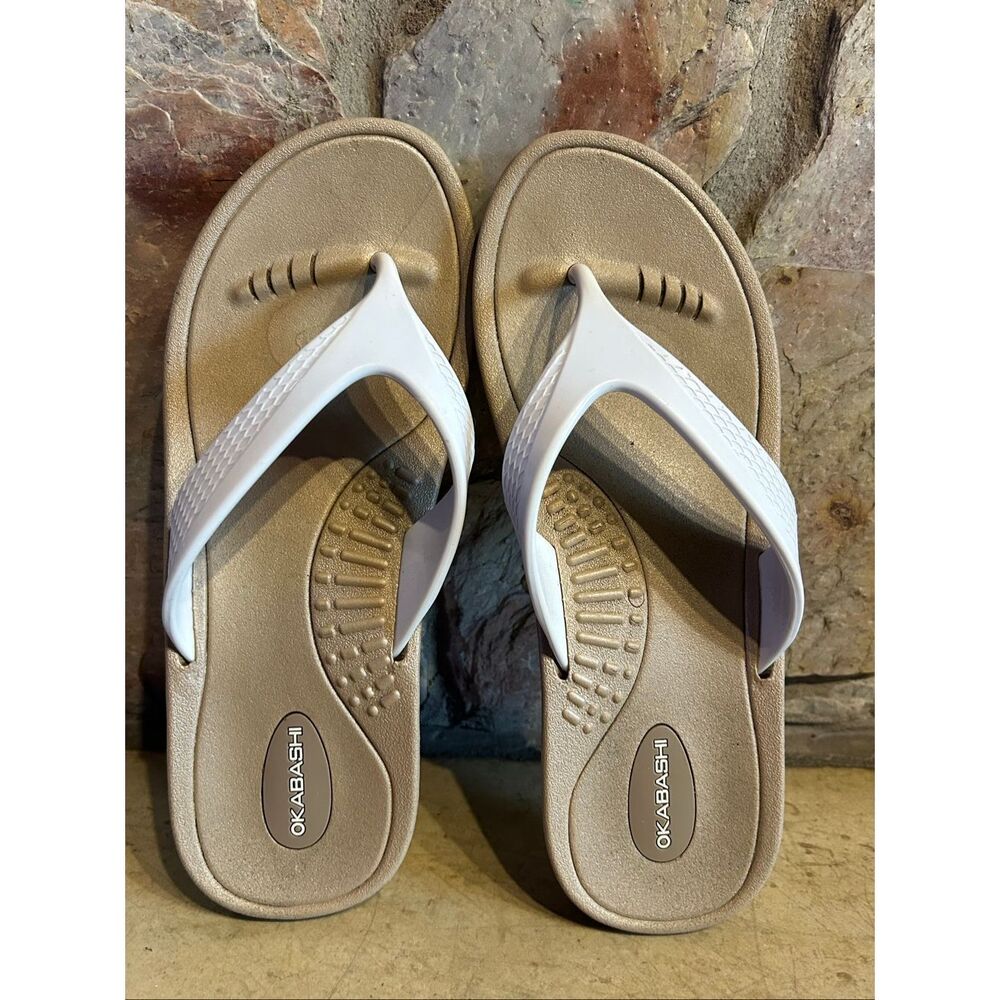 Okabashi Breeze Women's Flip Flops Sandals Tan & White Size ML (8-9) Made in USA